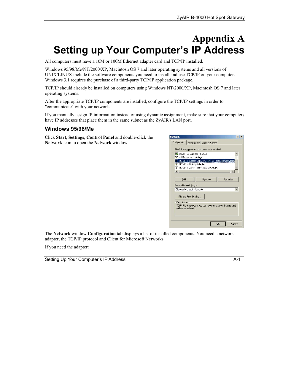 Setting up your computer’s ip address, Appendix a setting up your computer’s ip address | IronPort Systems ZyAIR B-4000 User Manual | Page 211 / 256