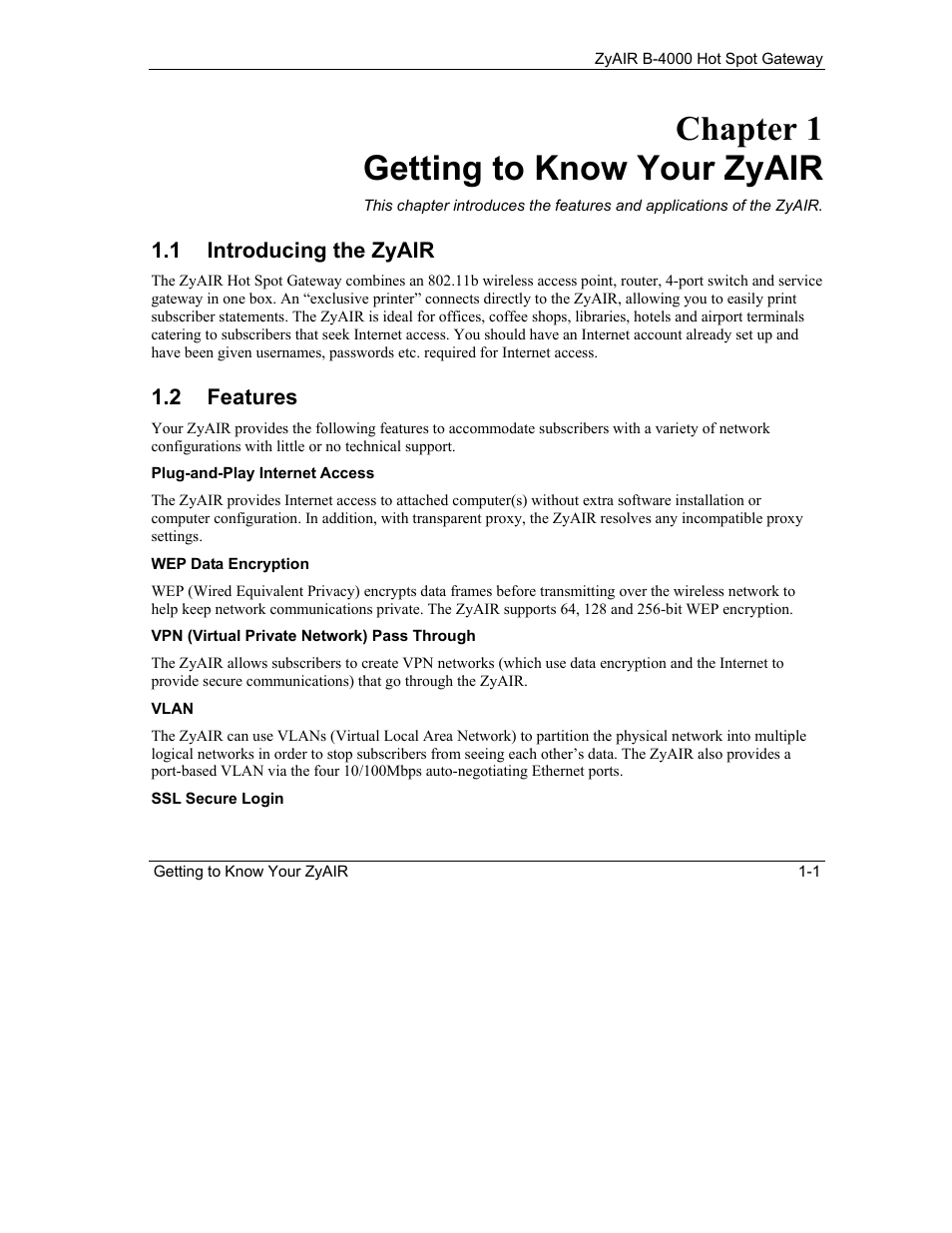 Getting to know your zyair, Introducing the zyair, Features | Chapter 1 getting to know your zyair | IronPort Systems ZyAIR B-4000 User Manual | Page 23 / 256