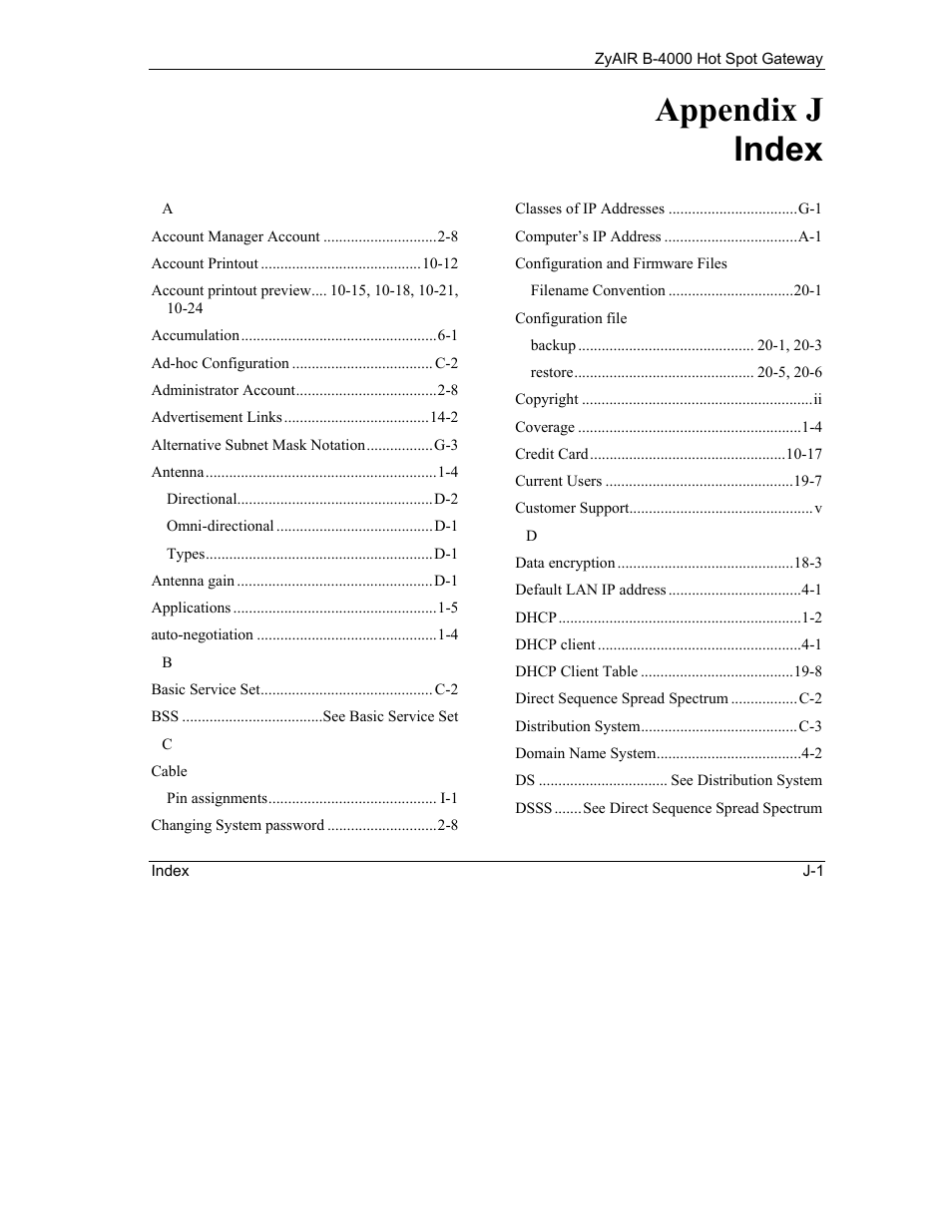 Index, Appendix j index | IronPort Systems ZyAIR B-4000 User Manual | Page 253 / 256