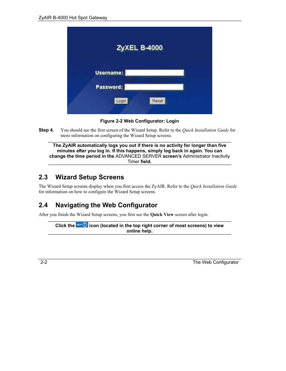 Wizard setup screens, Navigating the web configurator, 3 wizard setup screens | 4 navigating the web configurator | IronPort Systems ZyAIR B-4000 User Manual | Page 30 / 256