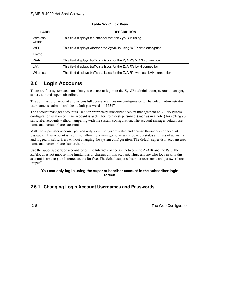 Login accounts, 6 login accounts | IronPort Systems ZyAIR B-4000 User Manual | Page 36 / 256