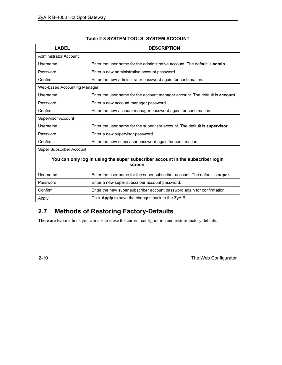 Methods of restoring factory-defaults, 7 methods of restoring factory-defaults | IronPort Systems ZyAIR B-4000 User Manual | Page 38 / 256