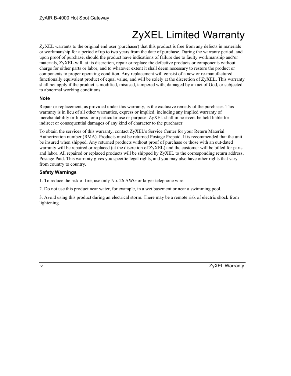 Zyxel limited warranty | IronPort Systems ZyAIR B-4000 User Manual | Page 4 / 256