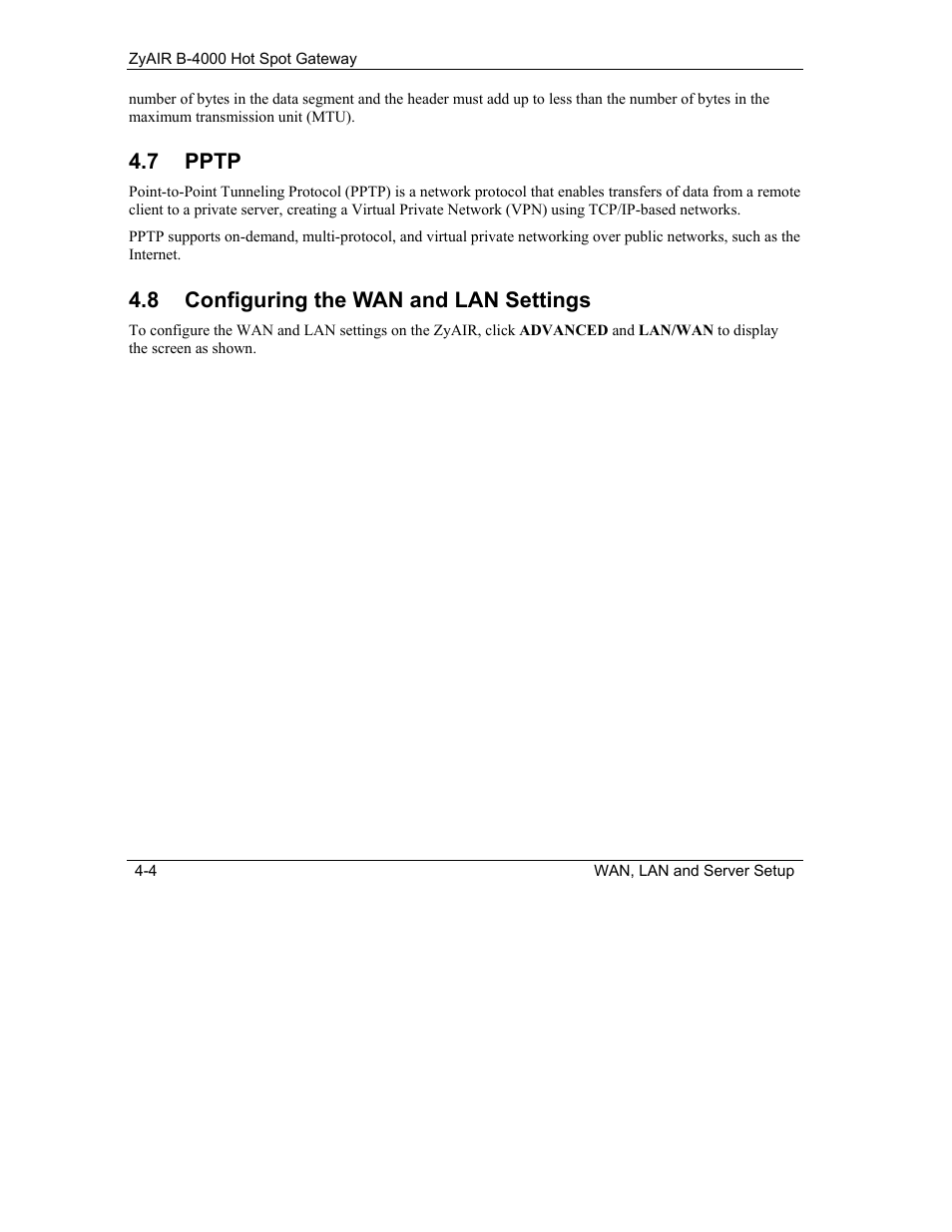 Pptp, Configuring the wan and lan settings, 7 pptp | 8 configuring the wan and lan settings | IronPort Systems ZyAIR B-4000 User Manual | Page 52 / 256