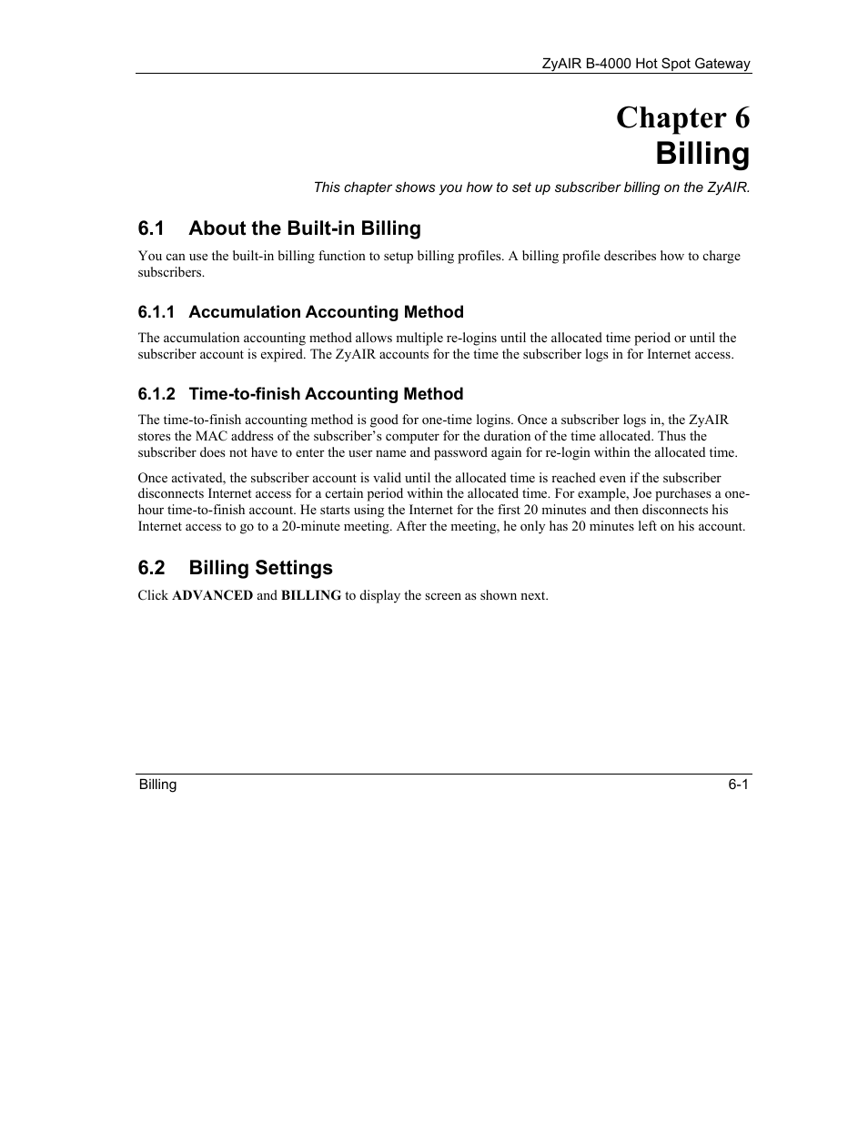Billing, About the built-in billing, Billing settings | Chapter 6 billing | IronPort Systems ZyAIR B-4000 User Manual | Page 63 / 256