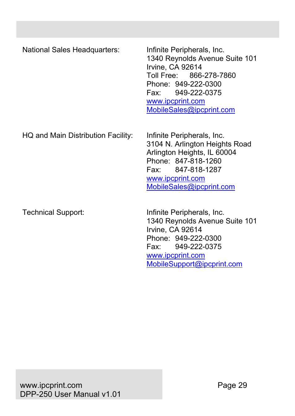 Contact information, Infinite peripherals, inc | Infinite Peripherals DPP-250 User Manual | Page 29 / 29