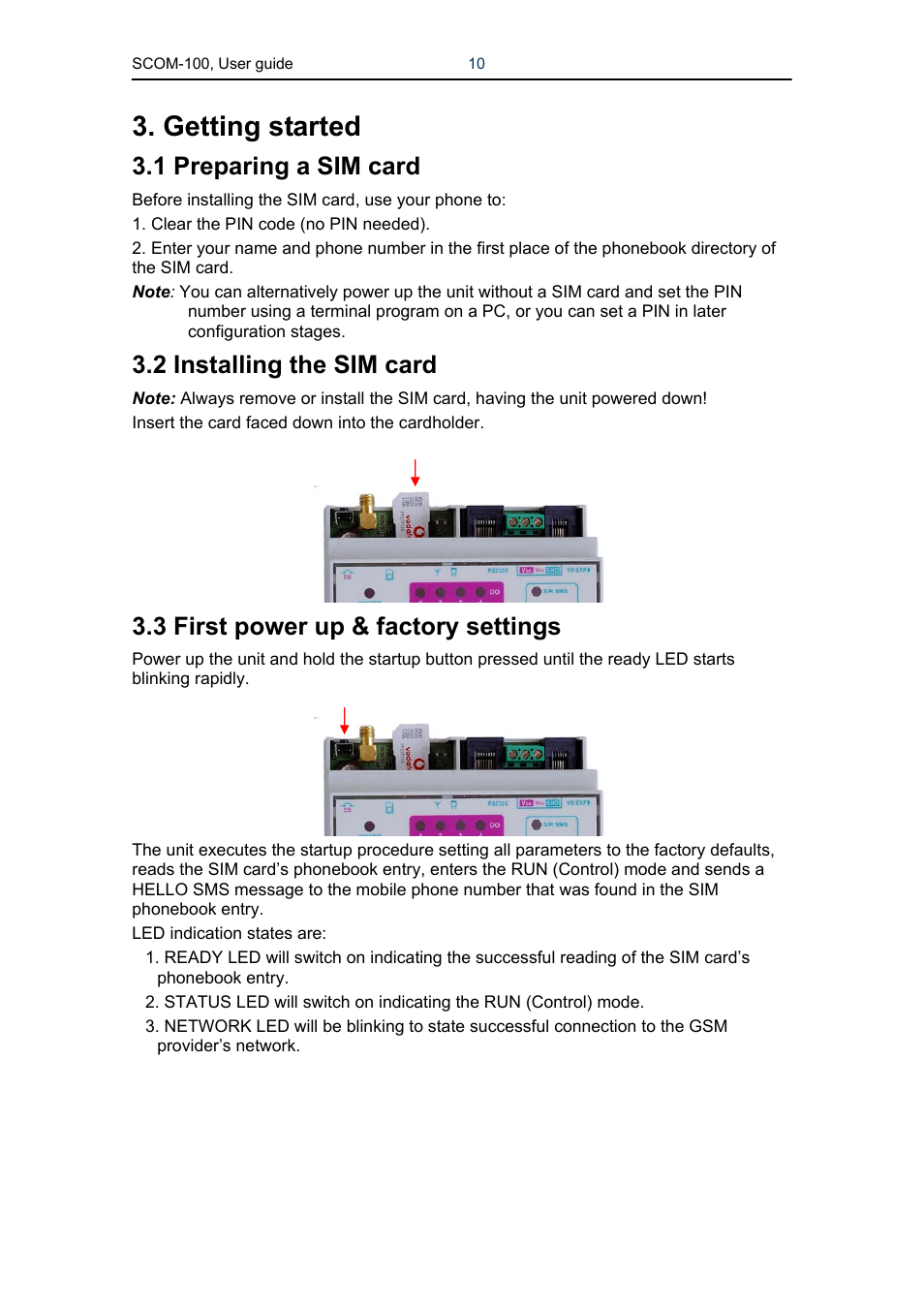 Getting started, 1 preparing a sim card, 2 installing the sim card | 3 first power up & factory settings | Infinite Peripherals SCOM-100 User Manual | Page 10 / 40