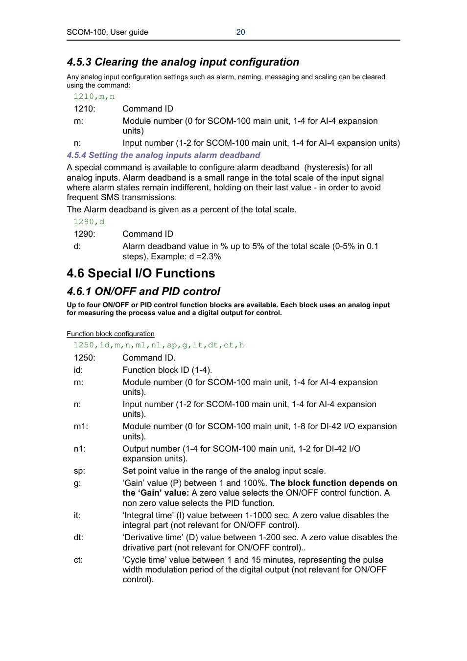 6 special i/o functions, 3 clearing the analog input configuration, 1 on/off and pid control | Infinite Peripherals SCOM-100 User Manual | Page 20 / 40