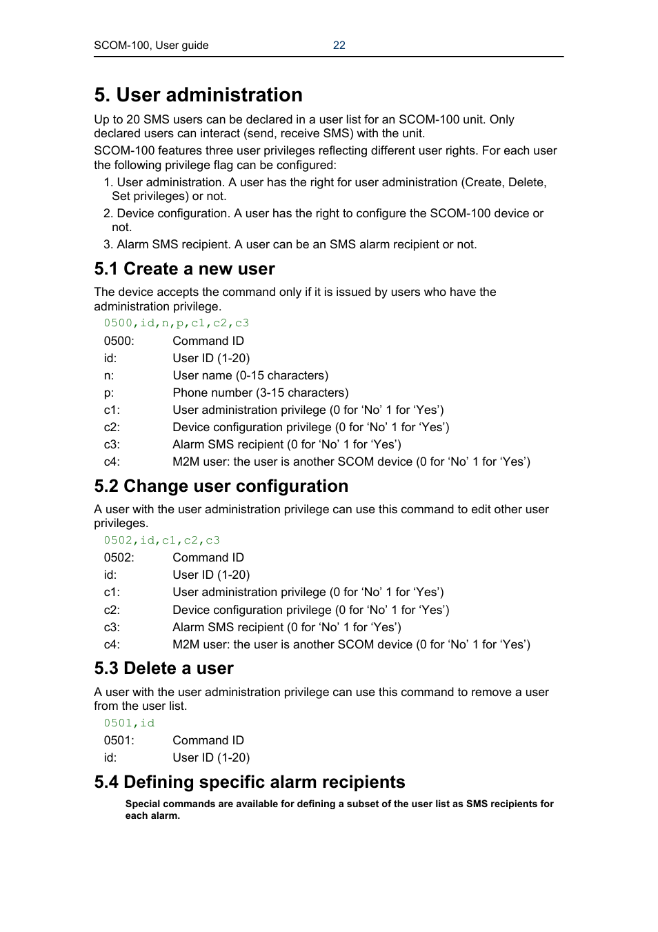 User administration, 1 create a new user, 2 change user configuration | 3 delete a user, 4 defining specific alarm recipients | Infinite Peripherals SCOM-100 User Manual | Page 22 / 40