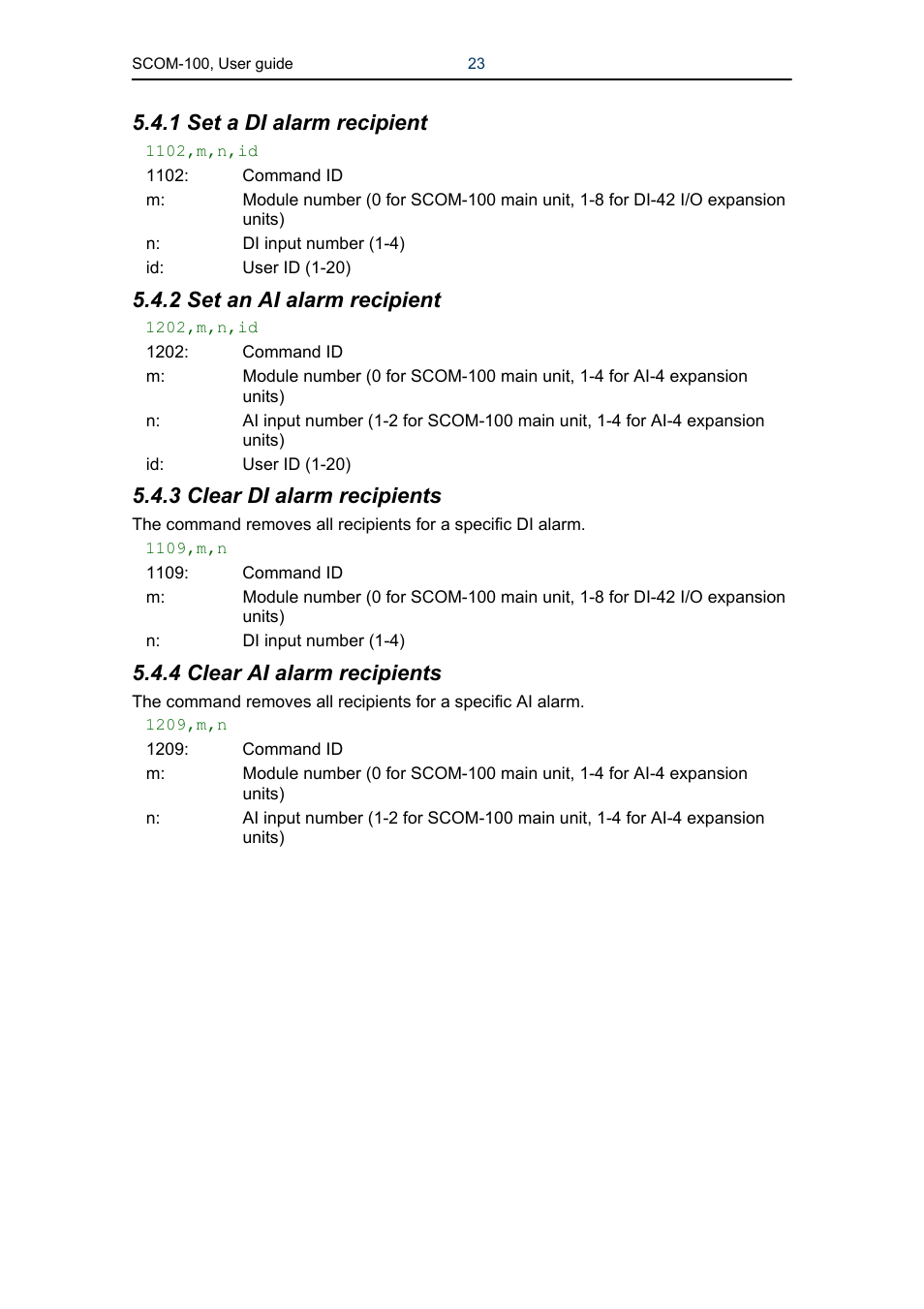 1 set a di alarm recipient, 2 set an ai alarm recipient, 3 clear di alarm recipients | 4 clear ai alarm recipients | Infinite Peripherals SCOM-100 User Manual | Page 23 / 40
