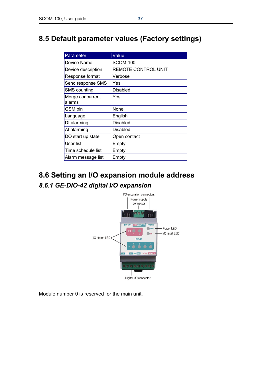 5 default parameter values (factory settings), 6 setting an i/o expansion module address, 1 ge-dio-42 digital i/o expansion | Infinite Peripherals SCOM-100 User Manual | Page 37 / 40