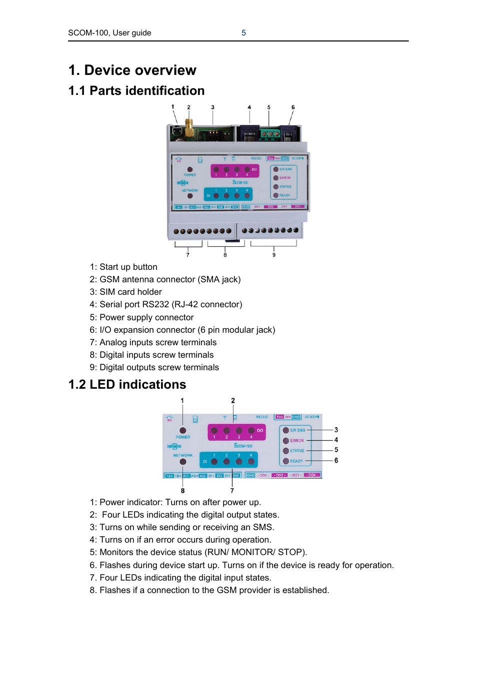 Device overview, 1 parts identification, 2 led indications | Infinite Peripherals SCOM-100 User Manual | Page 5 / 40