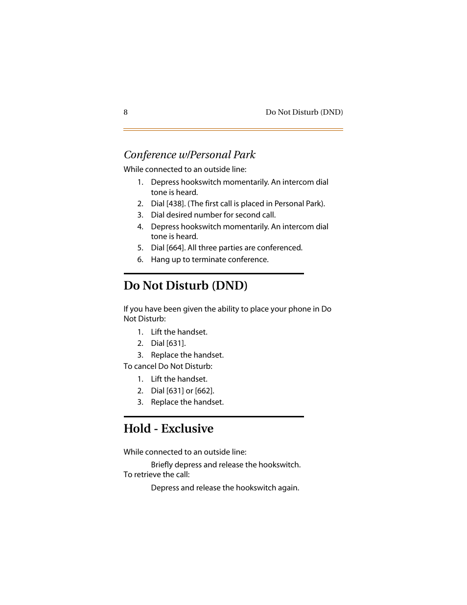 Conference w/personal park, Do not disturb (dnd), Hold - exclusive | Do not disturb (dnd) hold - exclusive | Infinite Peripherals DVX Plus II/III/IV User Manual | Page 13 / 24