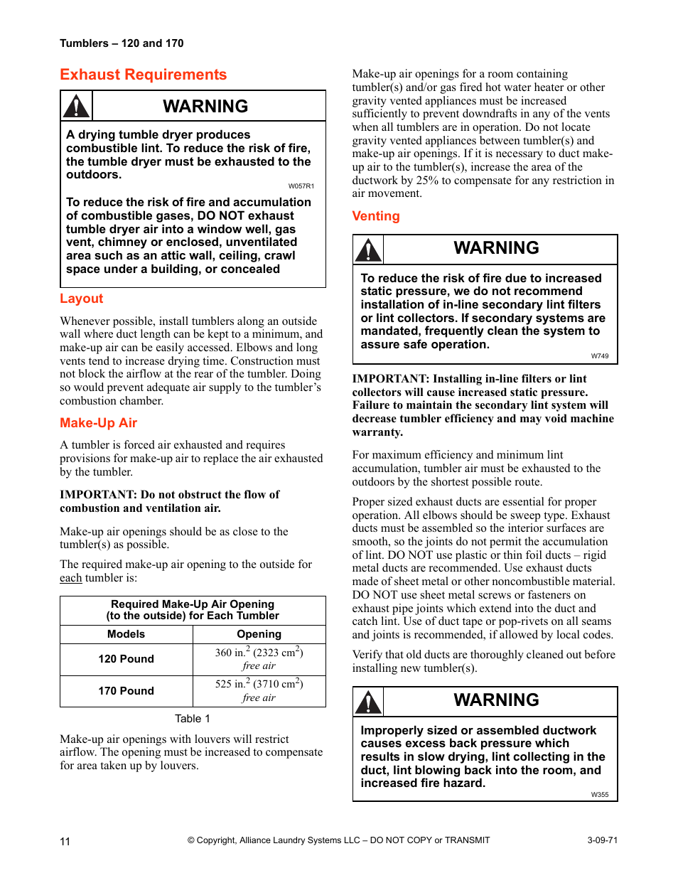 Exhaust requirements, Layout make-up air venting, Warning | IPSO TMB1268C User Manual | Page 12 / 18