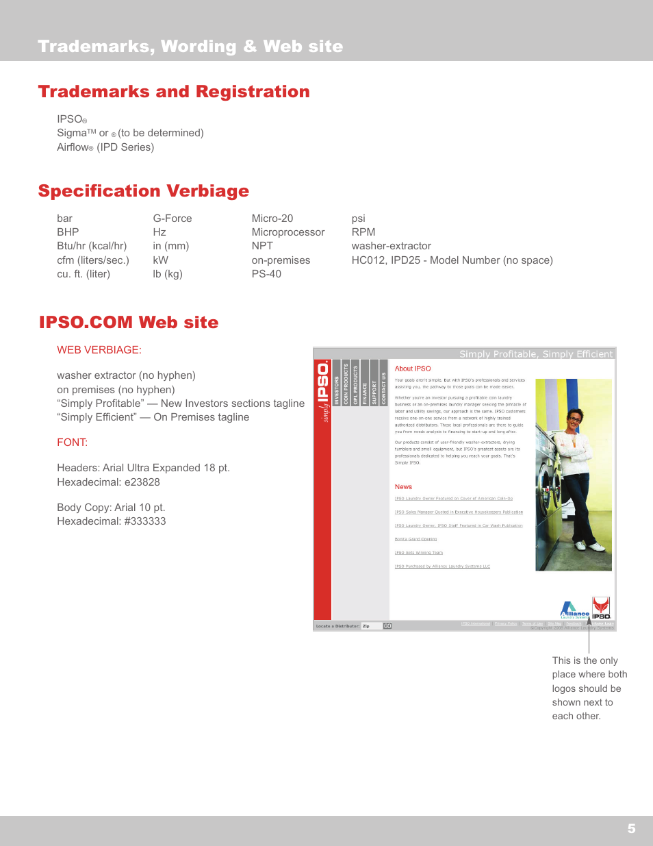 Trademarks and registration, Specification verbiage, Trademarks, wording & web site | IPSO Washer User Manual | Page 7 / 8