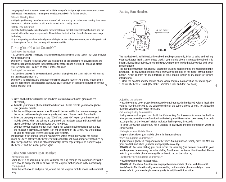 Turning your headset on and off, Pairing your headset, Using your arrow lite-r headset | i. Tech Dynamic Arrow Lite User Manual | Page 2 / 4