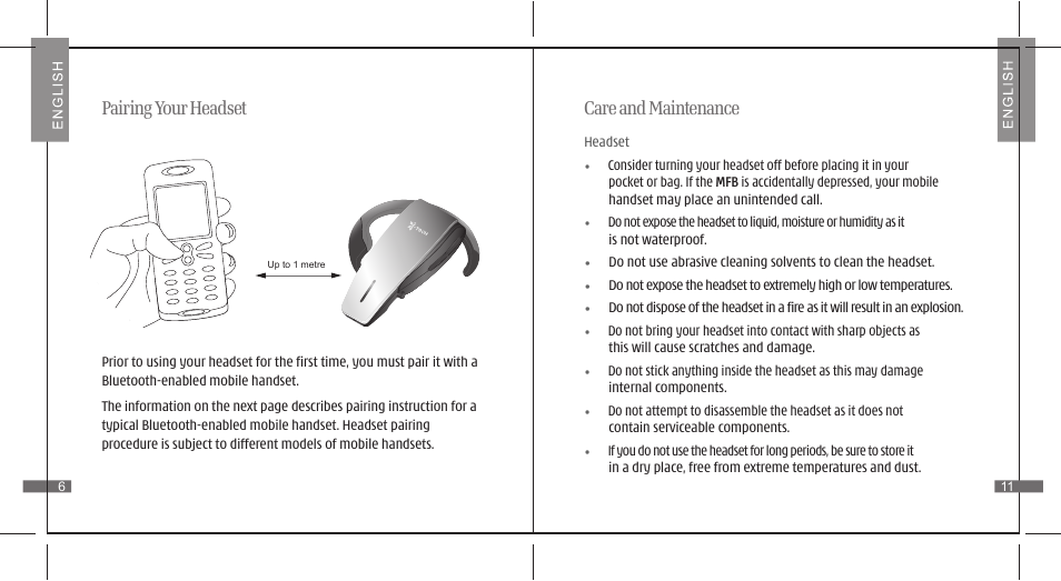 Pairing your headset, Care and maintenance | i. Tech Dynamic II User Manual | Page 8 / 10