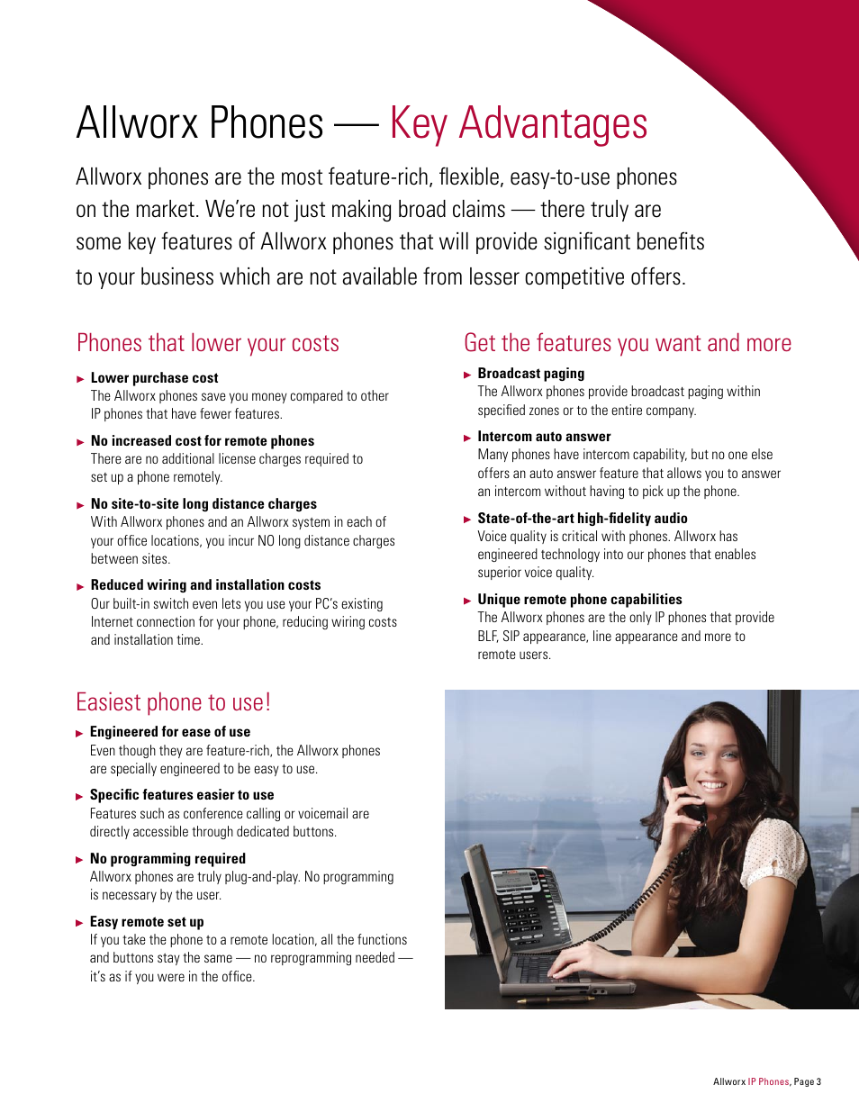 Allworx phones — key advantages, Phones that lower your costs, Get the features you want and more | Easiest phone to use | InSciTek Microsystems 9112 User Manual | Page 3 / 8