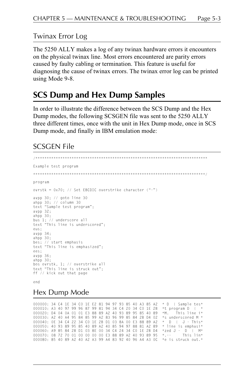 Scs dump and hex dump samples, Twinax error log, Scsgen file | Hex dump mode, Page 5-3 chapter 5  maintenance & troubleshooting | I-Data 5250 ALLY User Manual | Page 125 / 240