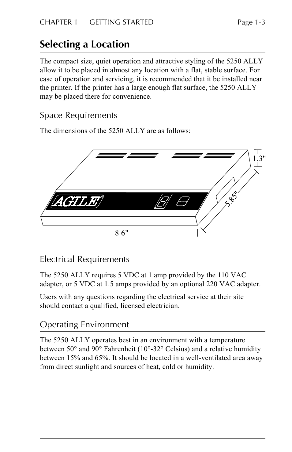 Selecting a location, 5250 ally, Space requirements | Electrical requirements, Operating environment | I-Data 5250 ALLY User Manual | Page 25 / 240