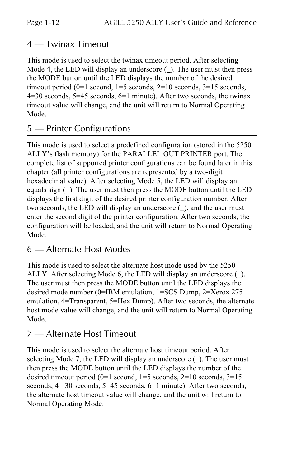 4  twinax timeout, 5  printer configurations, 6  alternate host modes | 7  alternate host timeout | I-Data 5250 ALLY User Manual | Page 34 / 240