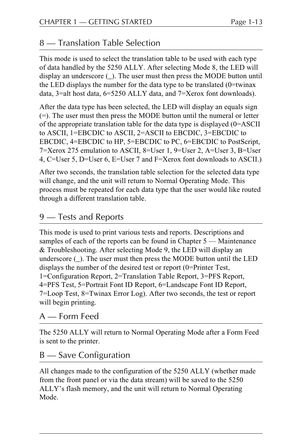 8  translation table selection, 9  tests and reports, A  form feed | B  save configuration | I-Data 5250 ALLY User Manual | Page 35 / 240