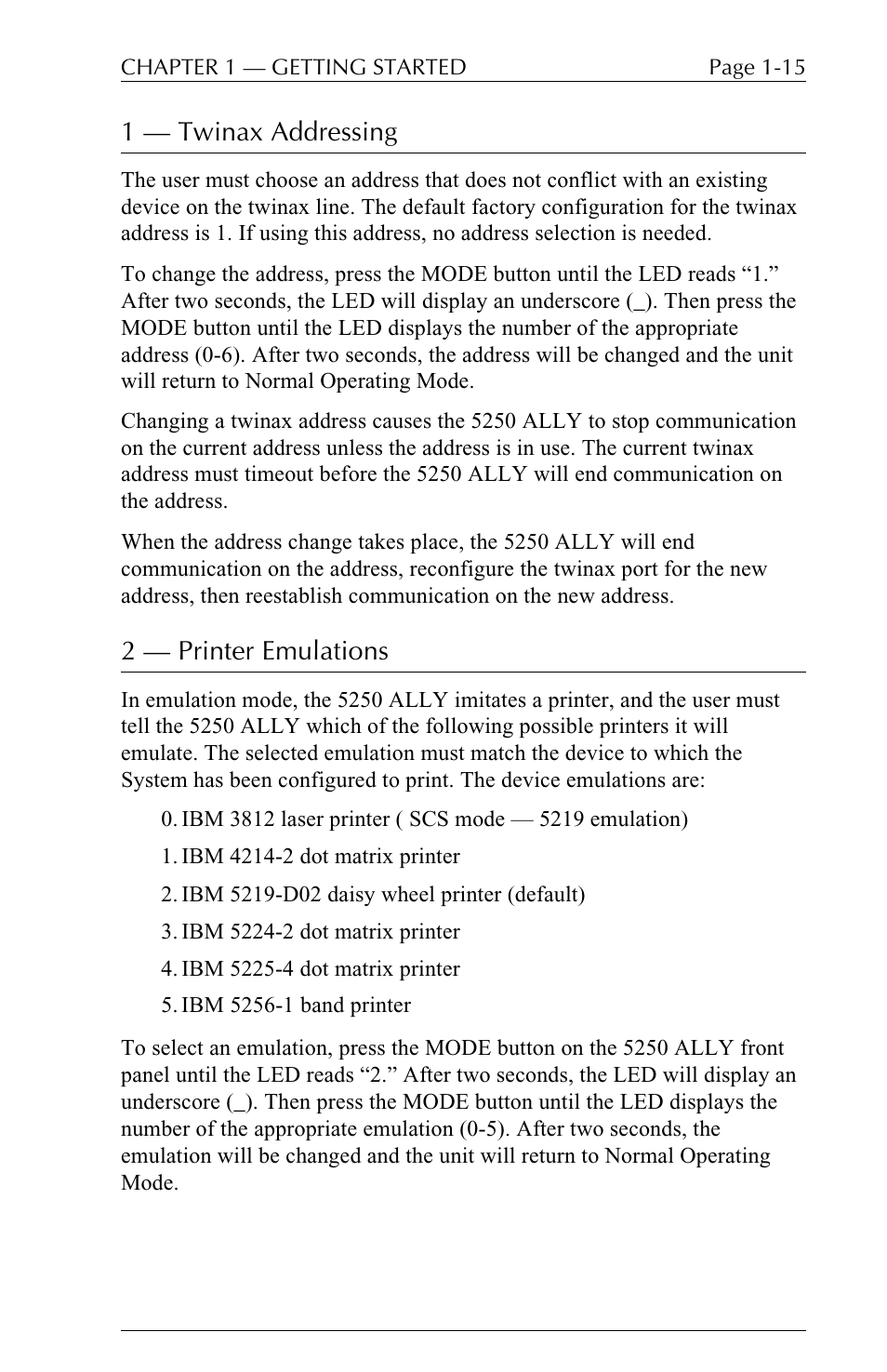 1  twinax addressing, 2  printer emulations | I-Data 5250 ALLY User Manual | Page 37 / 240