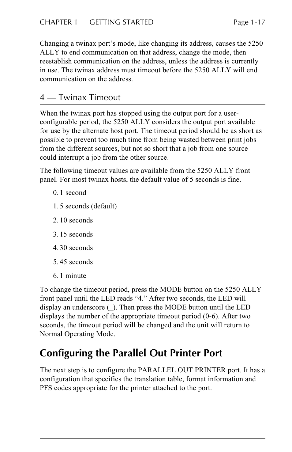 Configuring the parallel out printer port, 4  twinax timeout | I-Data 5250 ALLY User Manual | Page 39 / 240