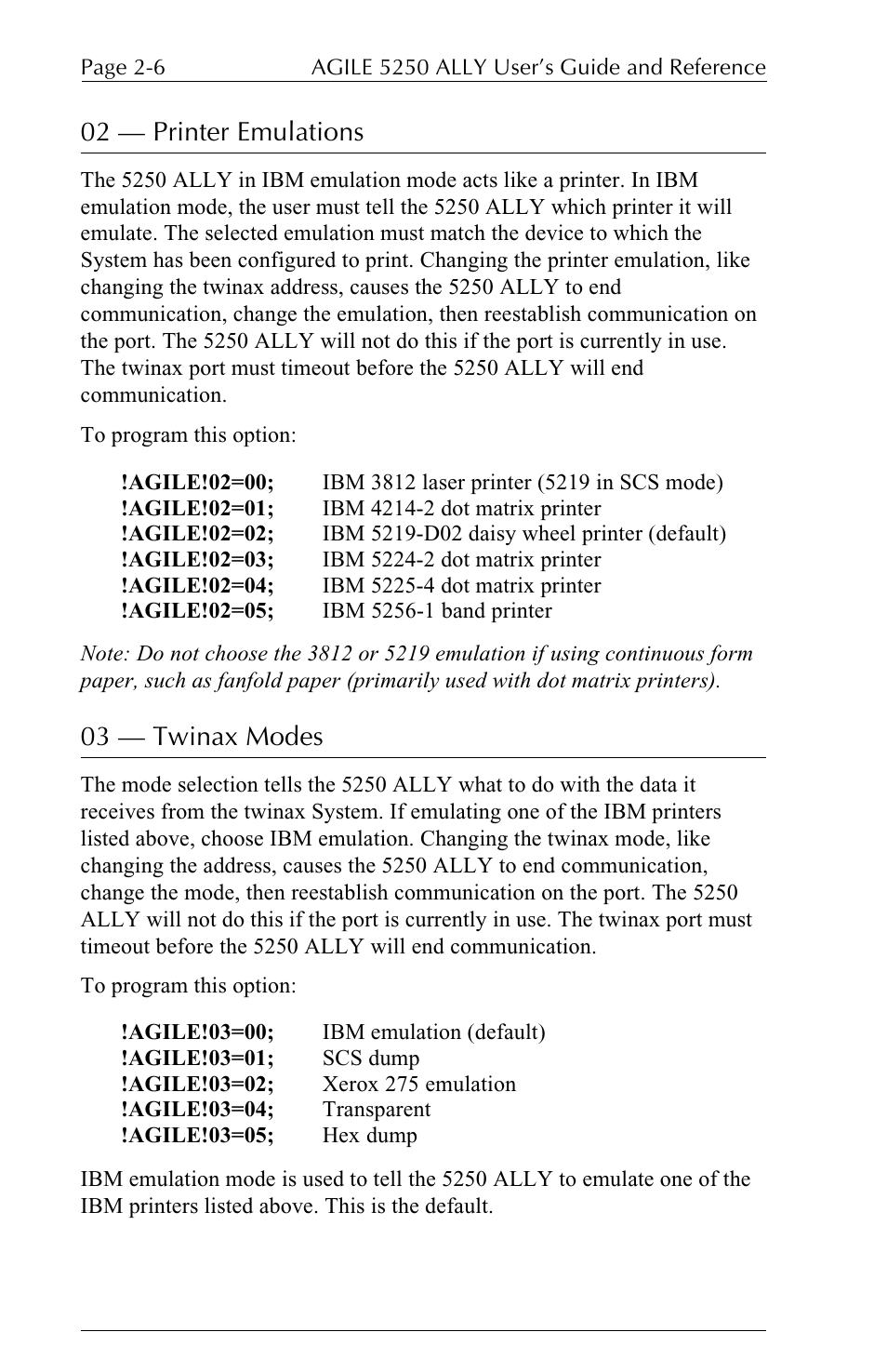 02  printer emulations, 03  twinax modes | I-Data 5250 ALLY User Manual | Page 52 / 240
