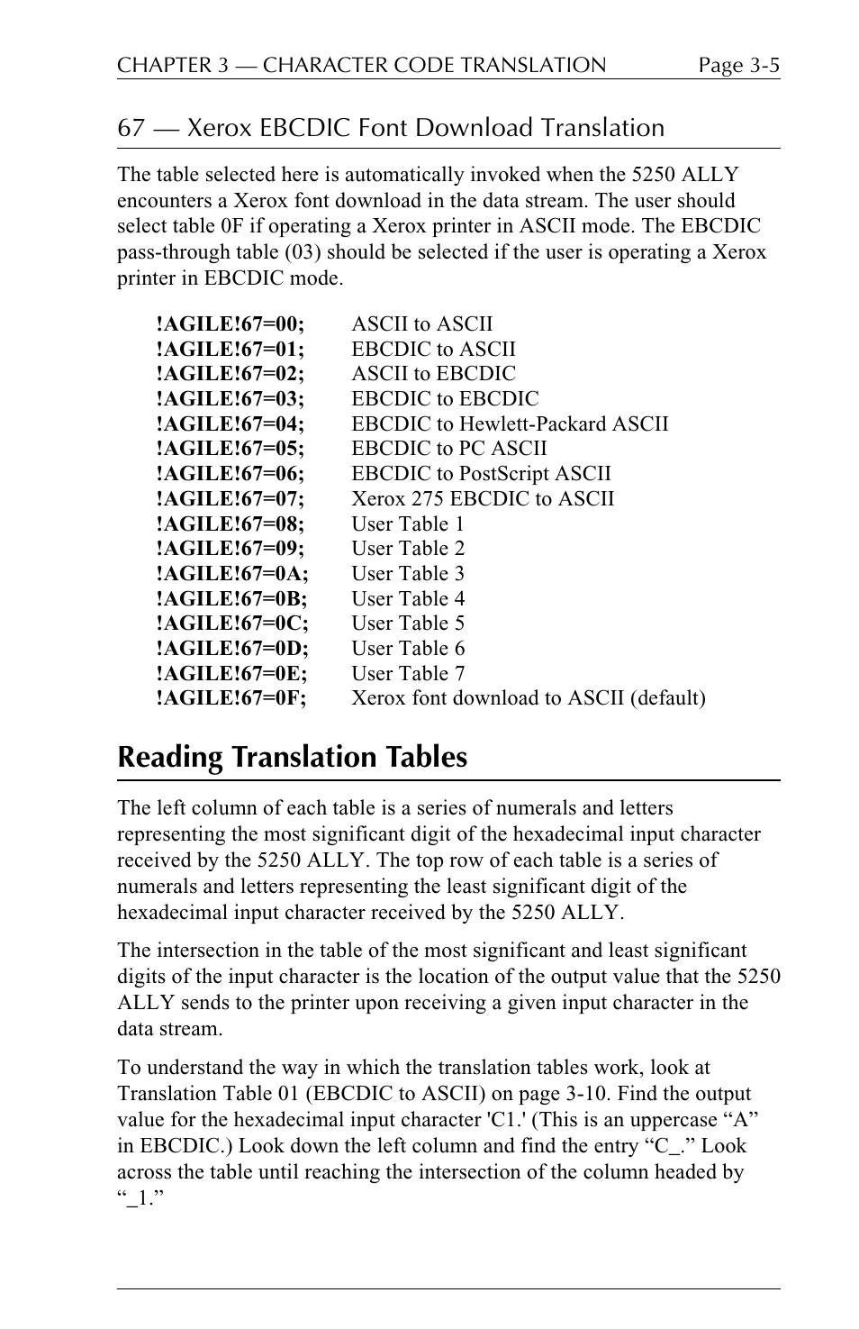 Reading translation tables, 67  xerox ebcdic font download translation | I-Data 5250 ALLY User Manual | Page 73 / 240