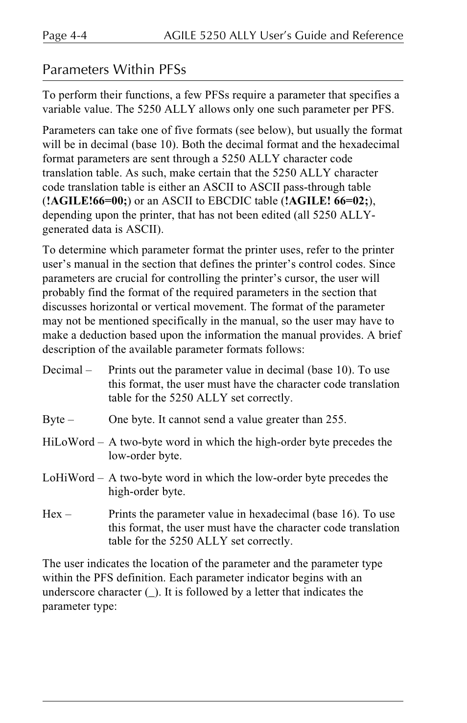 Parameters within pfss | I-Data 5250 ALLY User Manual | Page 98 / 240