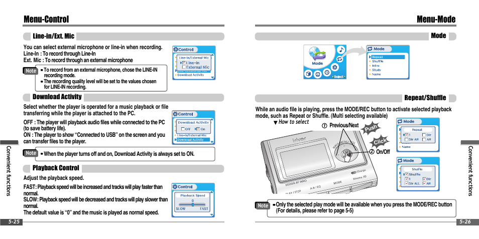 Menu-control, Menu-mode | iRiver IFP-900 User Manual | Page 39 / 46