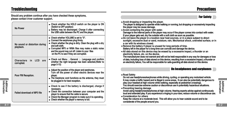 Precautions, Troubleshooting | iRiver IFP-900 User Manual | Page 44 / 46