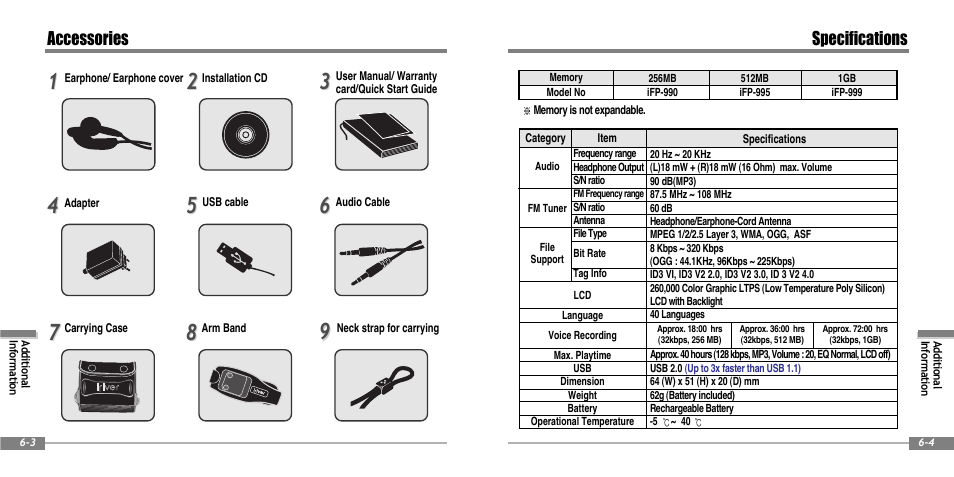 Accessories, Specifications | iRiver IFP-900 User Manual | Page 45 / 46