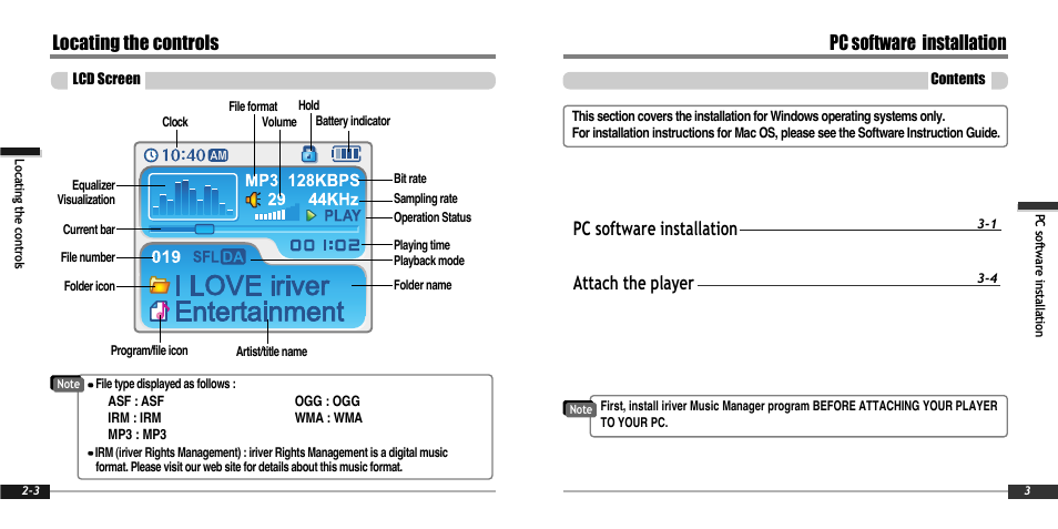 Pc software installation, Locating the controls, Pc software installation attach the player | iRiver IFP-900 User Manual | Page 9 / 46