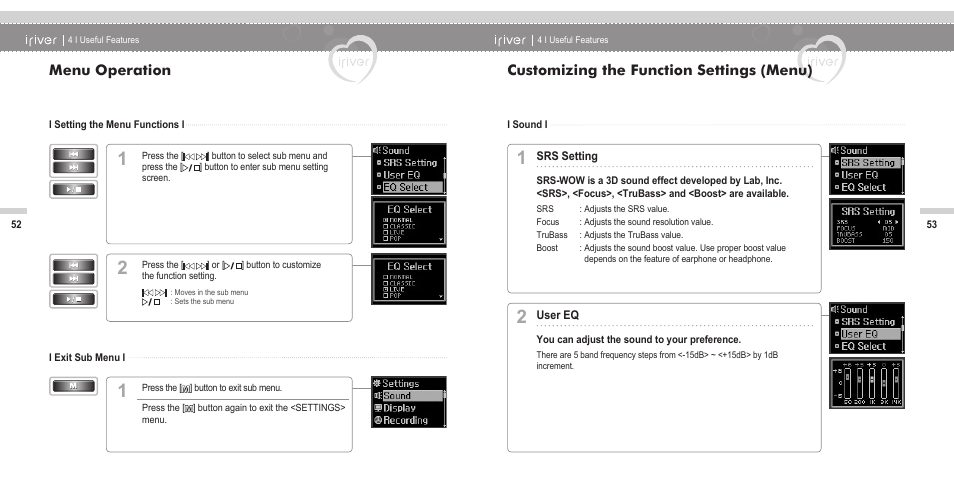 Menu operation, Customizing the function settings (menu) | iRiver N11 User Manual | Page 28 / 40