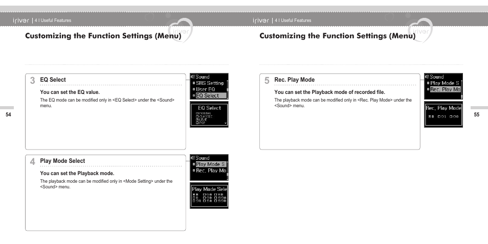 Customizing the function settings (menu) | iRiver N11 User Manual | Page 29 / 40