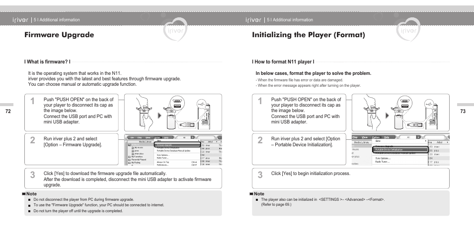 Firmware upgrade, Initializing the player (format) | iRiver N11 User Manual | Page 38 / 40