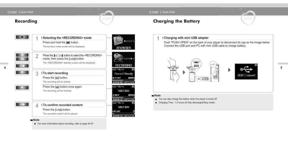 Recording, Charging the battery | iRiver N11 User Manual | Page 4 / 40