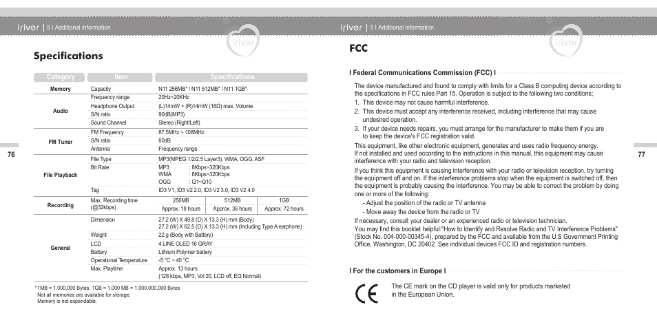 Specifications | iRiver N11 User Manual | Page 40 / 40