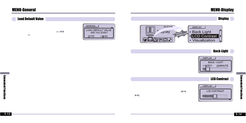 Menu-general, Menu-display | iRiver IFP-800 User Manual | Page 27 / 39