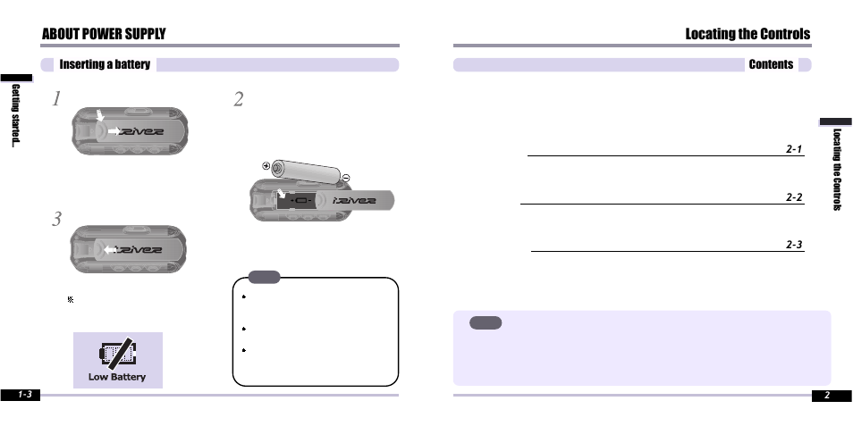 About power supply, Locating the controls, Front view side view lcd screen | iRiver IFP-800 User Manual | Page 5 / 39