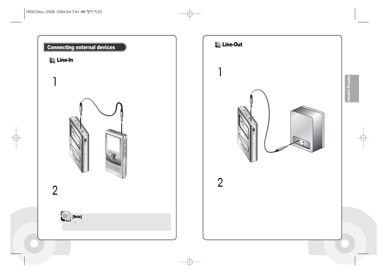 Line-in, Connecting external devices, Line-out | iRiver PORTABLESTORAGEDEVICE & MULTI-CODECJUKEBOX H300 User Manual | Page 13 / 44