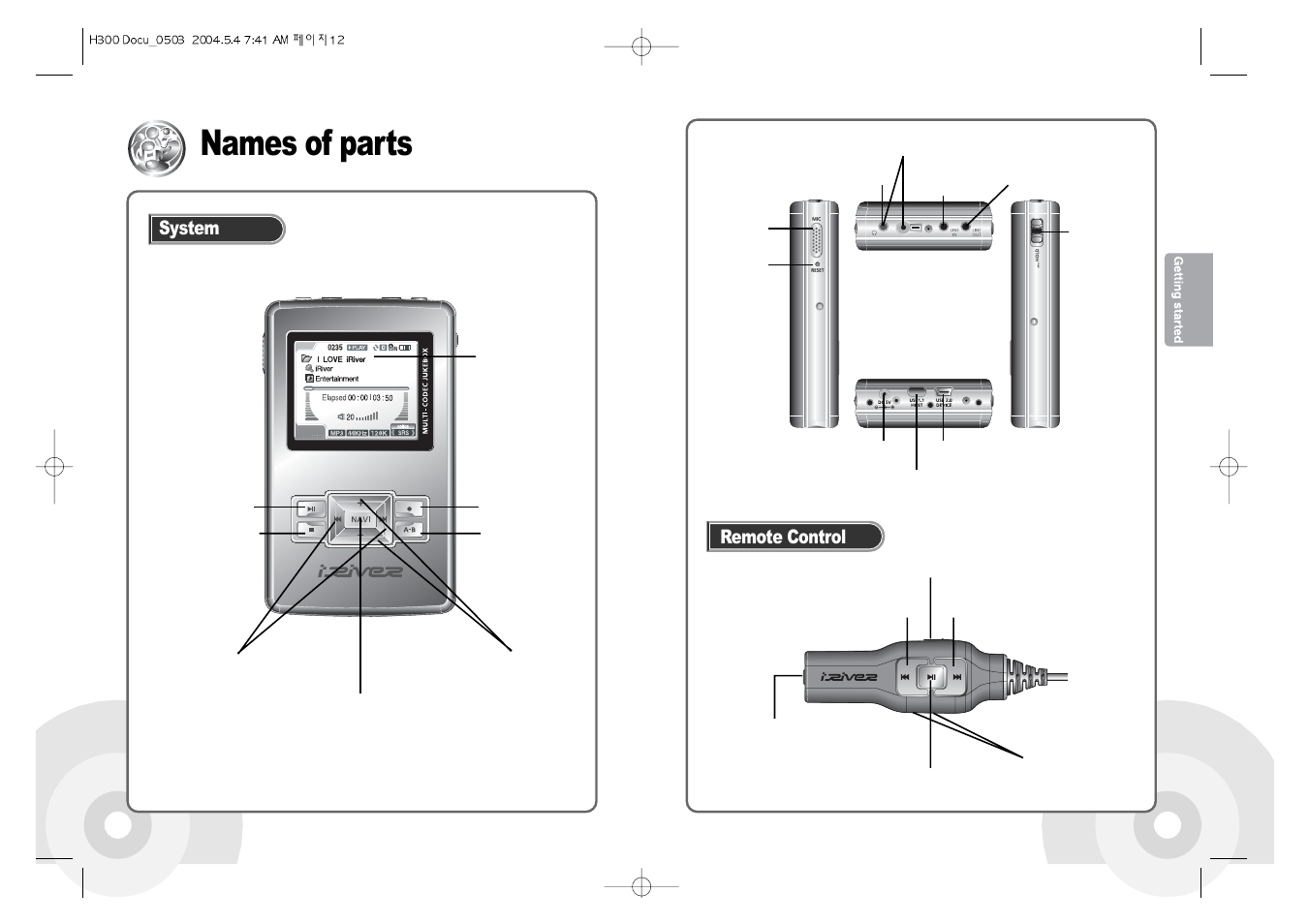 Names of parts, System, Remote control | iRiver PORTABLESTORAGEDEVICE & MULTI-CODECJUKEBOX H300 User Manual | Page 8 / 44