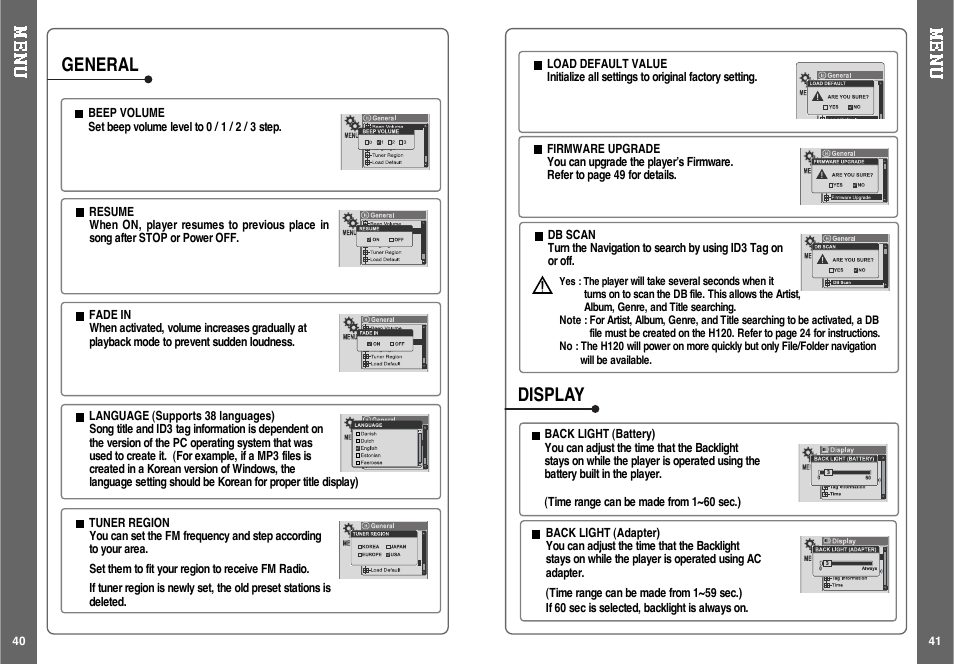General, Display | iRiver H120 User Manual | Page 22 / 30