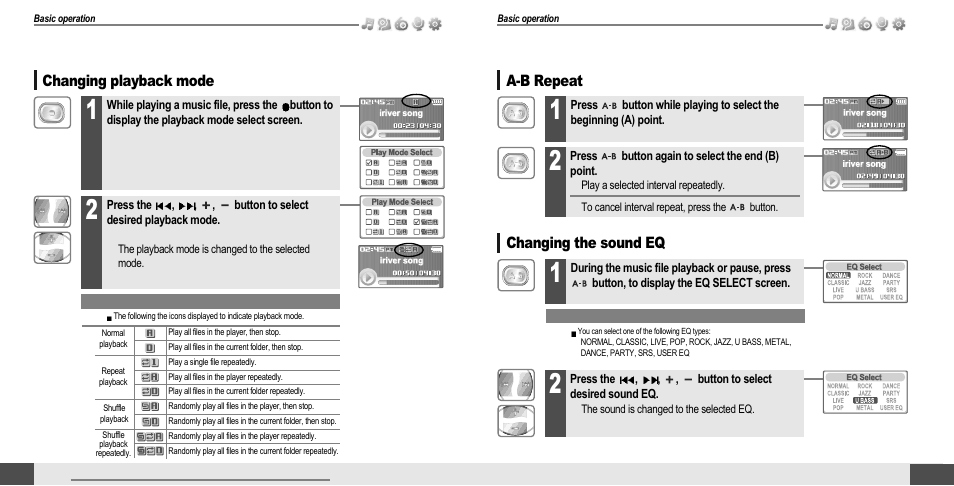 A-b repeat, Music, Changing playback mode music | Changing the sound eq | iRiver T10 User Manual | Page 13 / 35