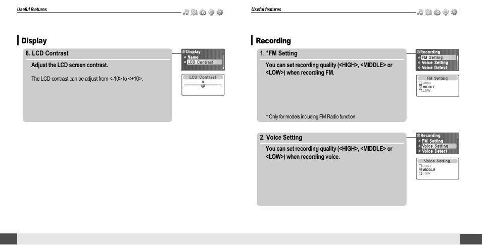 Customizing the function settings (menu), Display, Recording | iRiver T10 User Manual | Page 26 / 35