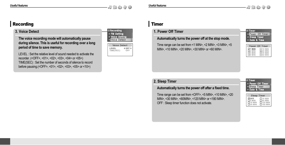 Customizing the function settings (menu), Recording, Timer | iRiver T10 User Manual | Page 27 / 35