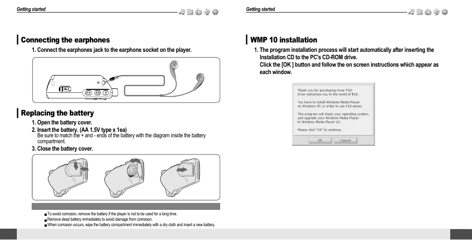 Connecting the earphones connection/installation, Replacing the battery connection/installation, Wmp 10 installation | iRiver T10 User Manual | Page 8 / 35