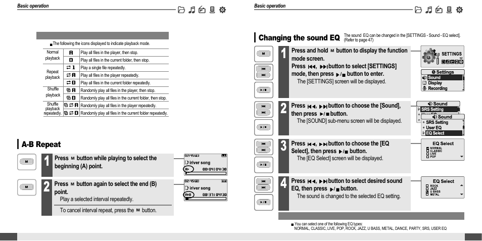 Music, A-b repeat, Changing the sound eq | iRiver MP3 Player T30 User Manual | Page 14 / 37